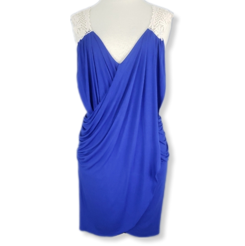 Saha Womens S Mini Dress Blue Sleeveless Crocheted Draped Asymmetric Cover-Up